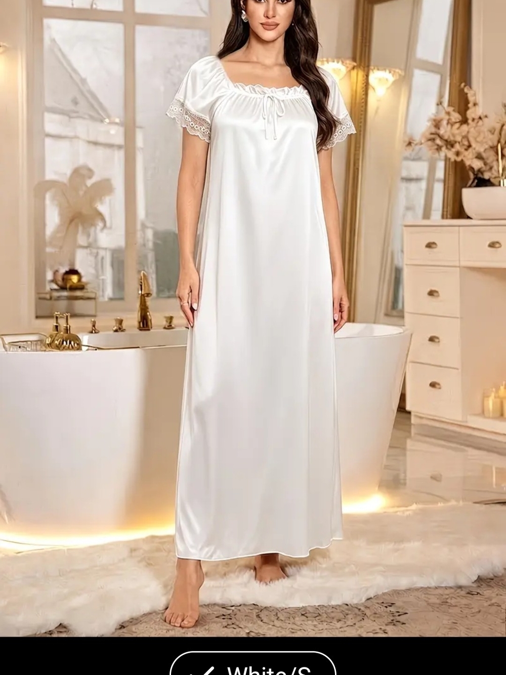 Source Unknown Cream Short-Sleeve Tie-Front Full-Length Nightgown